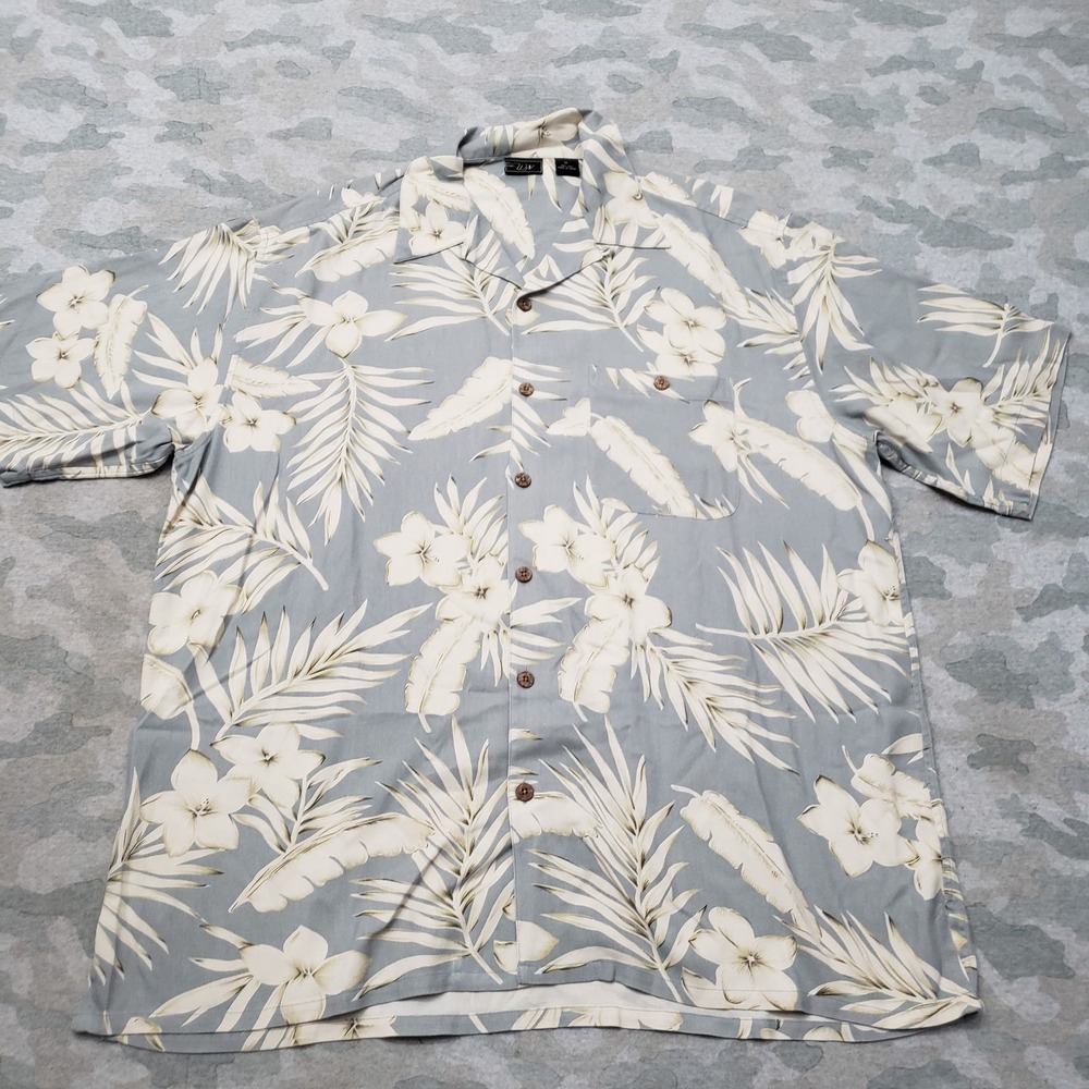 WF Hawaiian Shirt Mens XL Gray Short Sleeve Button-Up Hibiscus Floral Beach